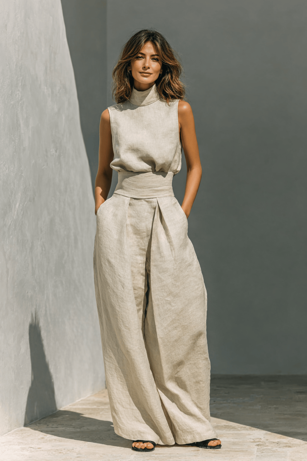 Maria - Completo di canotta e pantaloni larghi in cotone e lino minimalista per donna