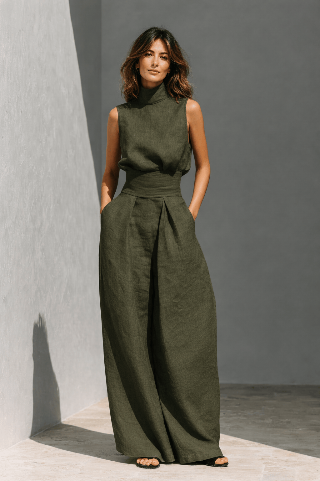 Maria - Completo di canotta e pantaloni larghi in cotone e lino minimalista per donna