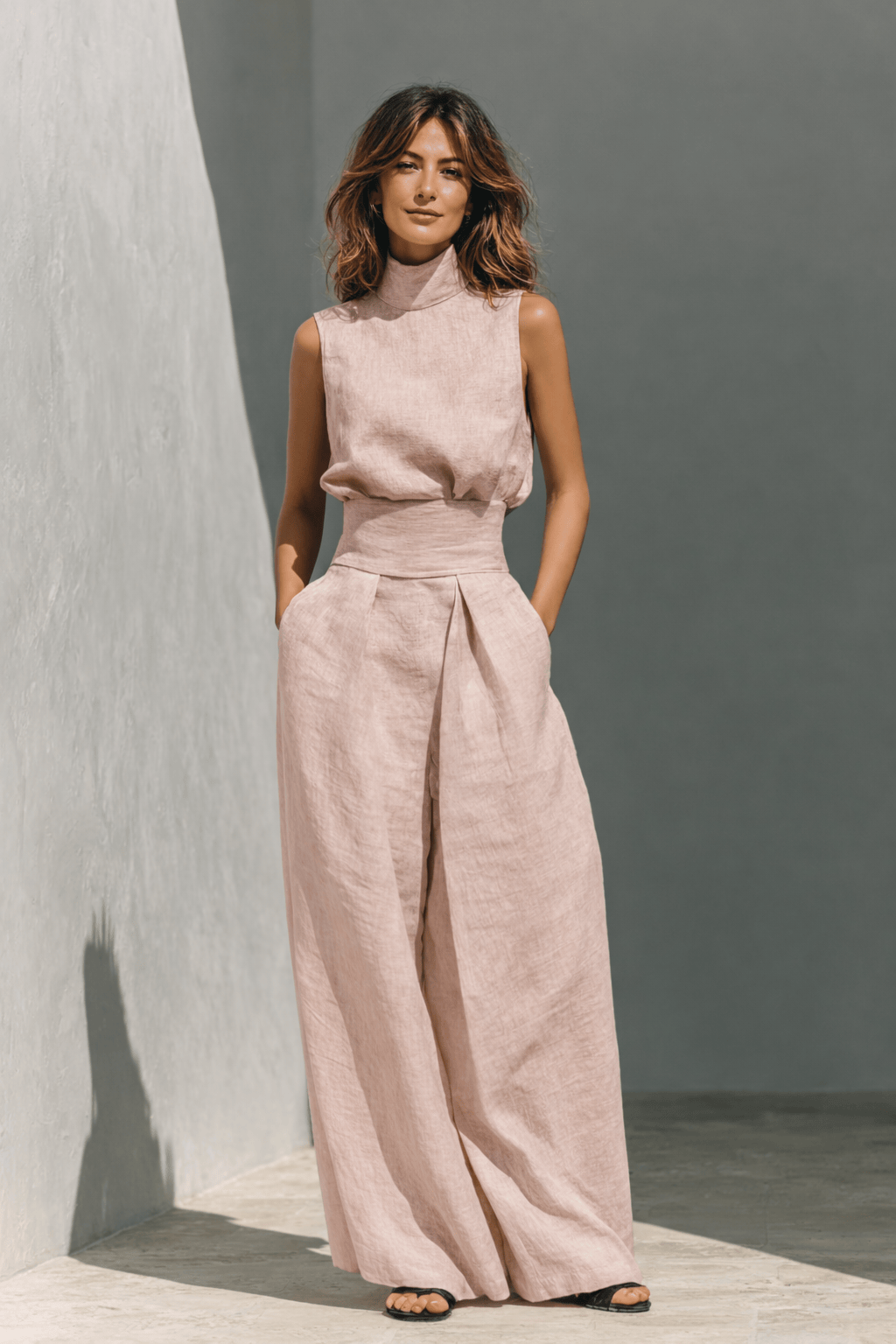 Maria - Completo di canotta e pantaloni larghi in cotone e lino minimalista per donna