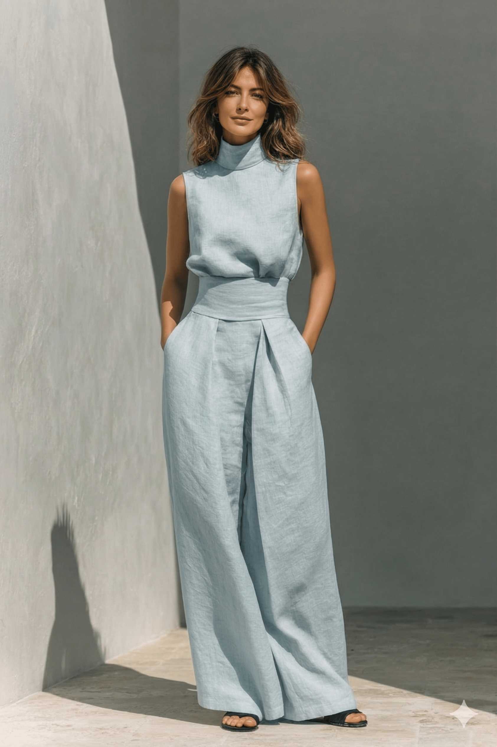 Maria - Completo di canotta e pantaloni larghi in cotone e lino minimalista per donna