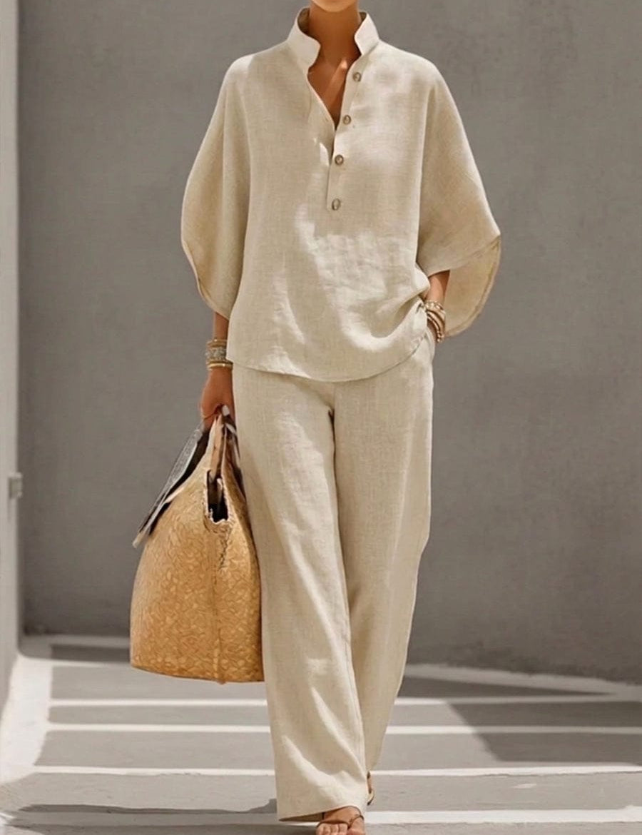 Mariel | Cotton Linen Batwing Sleeve Wide Leg Pants Set