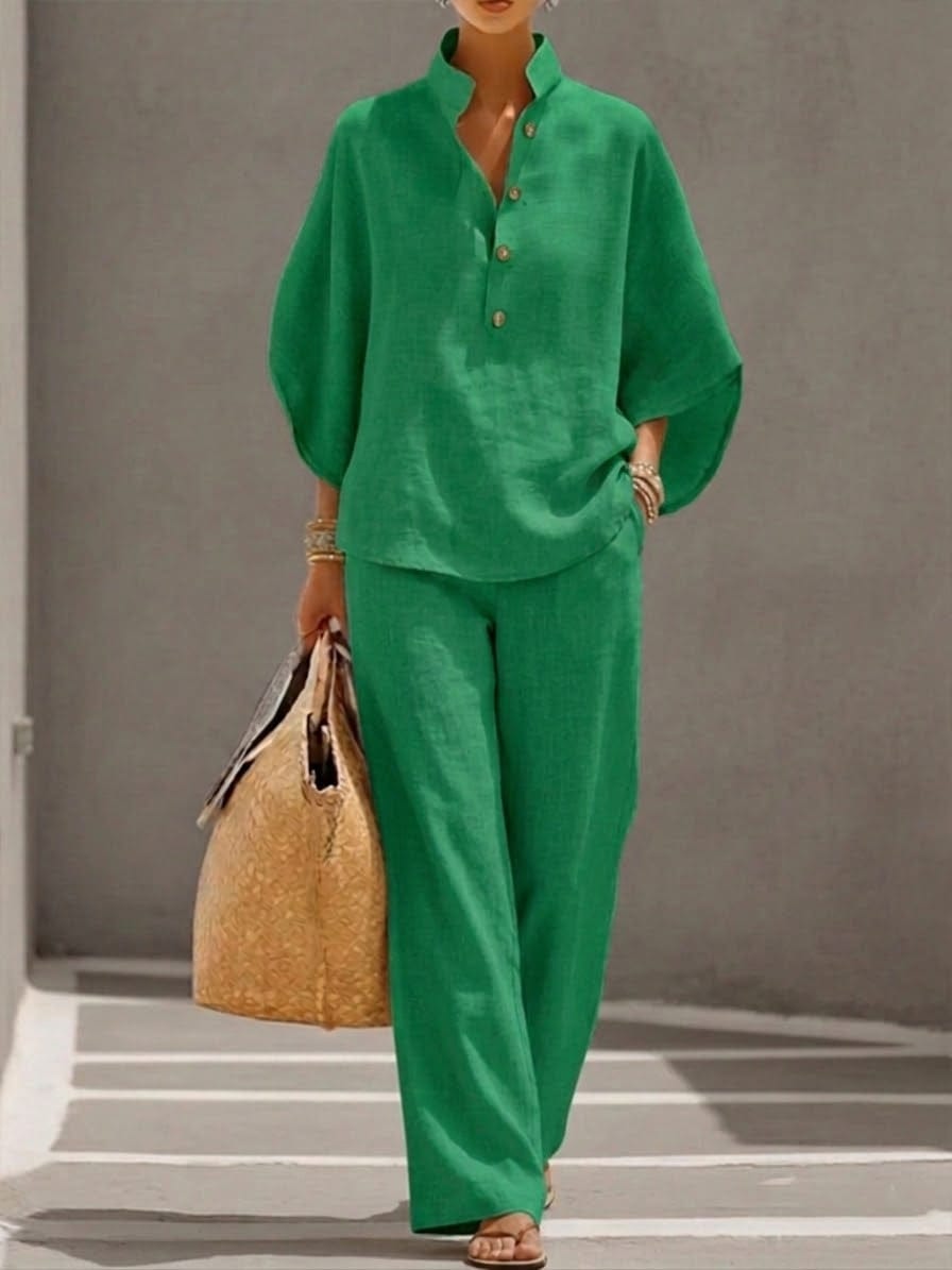 Mariel | Cotton Linen Batwing Sleeve Wide Leg Pants Set