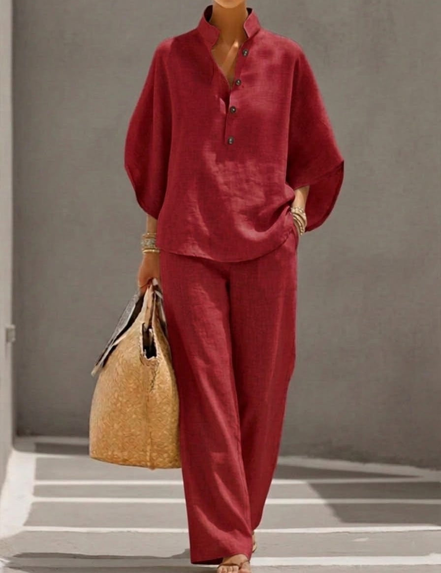 Mariel | Cotton Linen Batwing Sleeve Wide Leg Pants Set