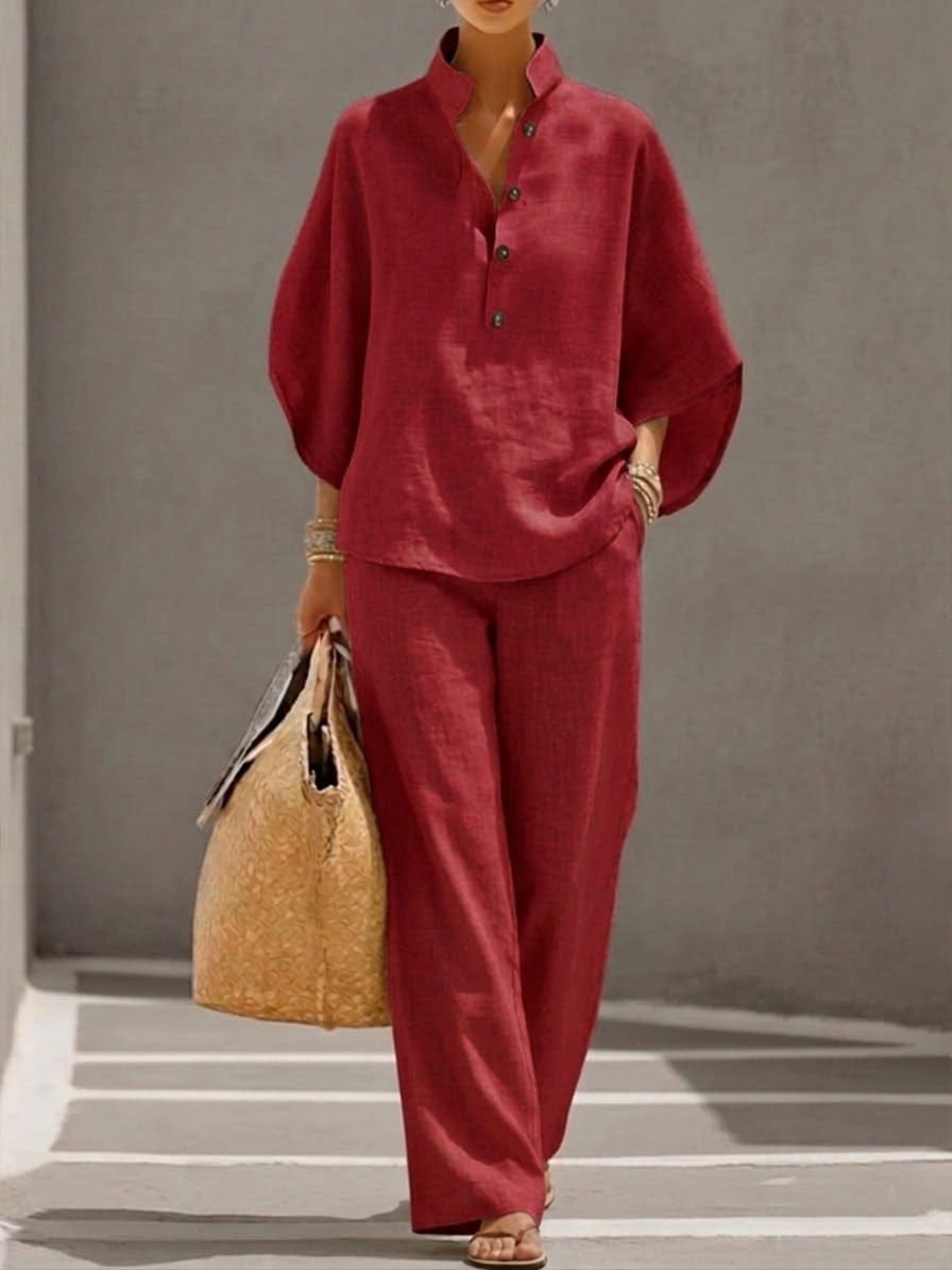 Mariel | Cotton Linen Batwing Sleeve Wide Leg Pants Set