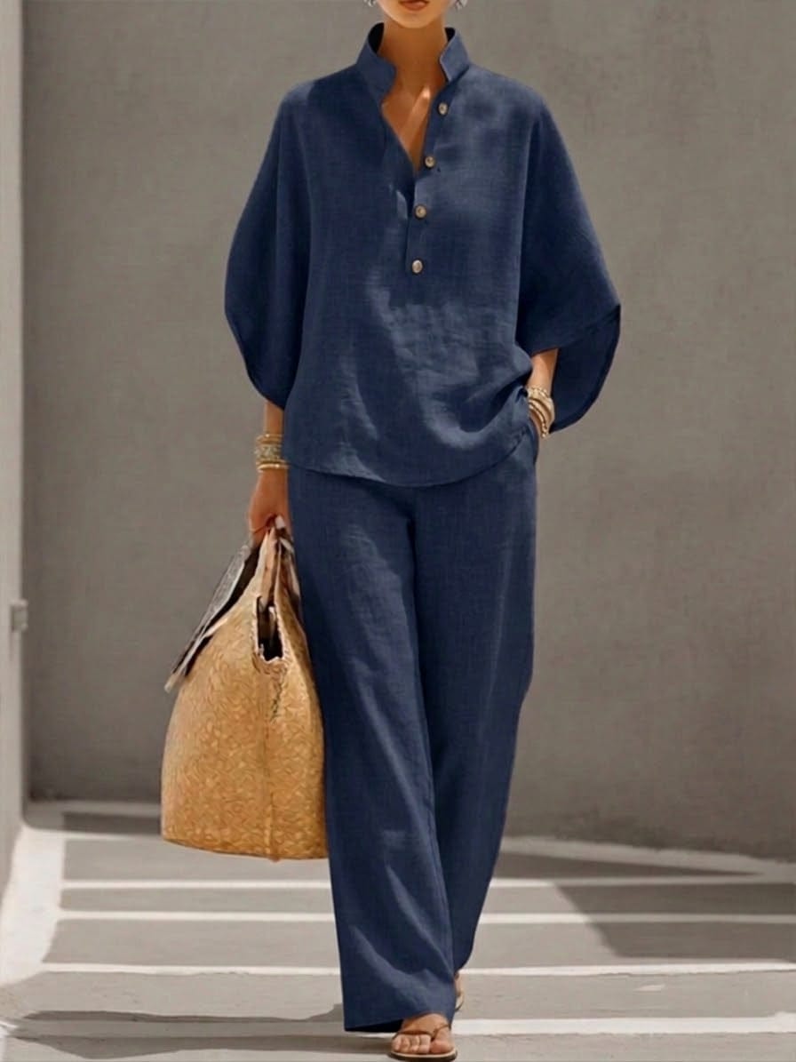 Mariel | Cotton Linen Batwing Sleeve Wide Leg Pants Set