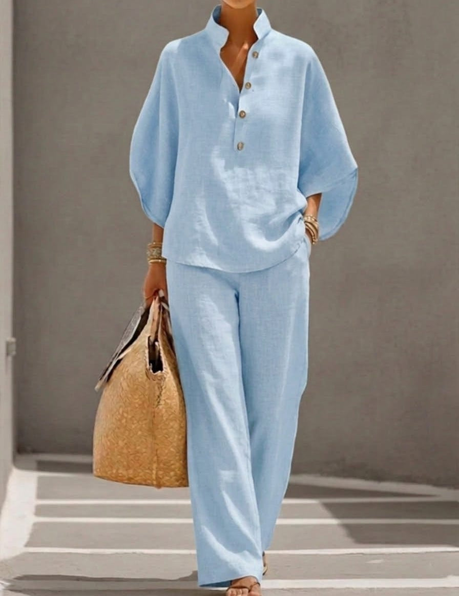 Mariel | Cotton Linen Batwing Sleeve Wide Leg Pants Set