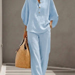Mariel | Cotton Linen Batwing Sleeve Wide Leg Pants Set