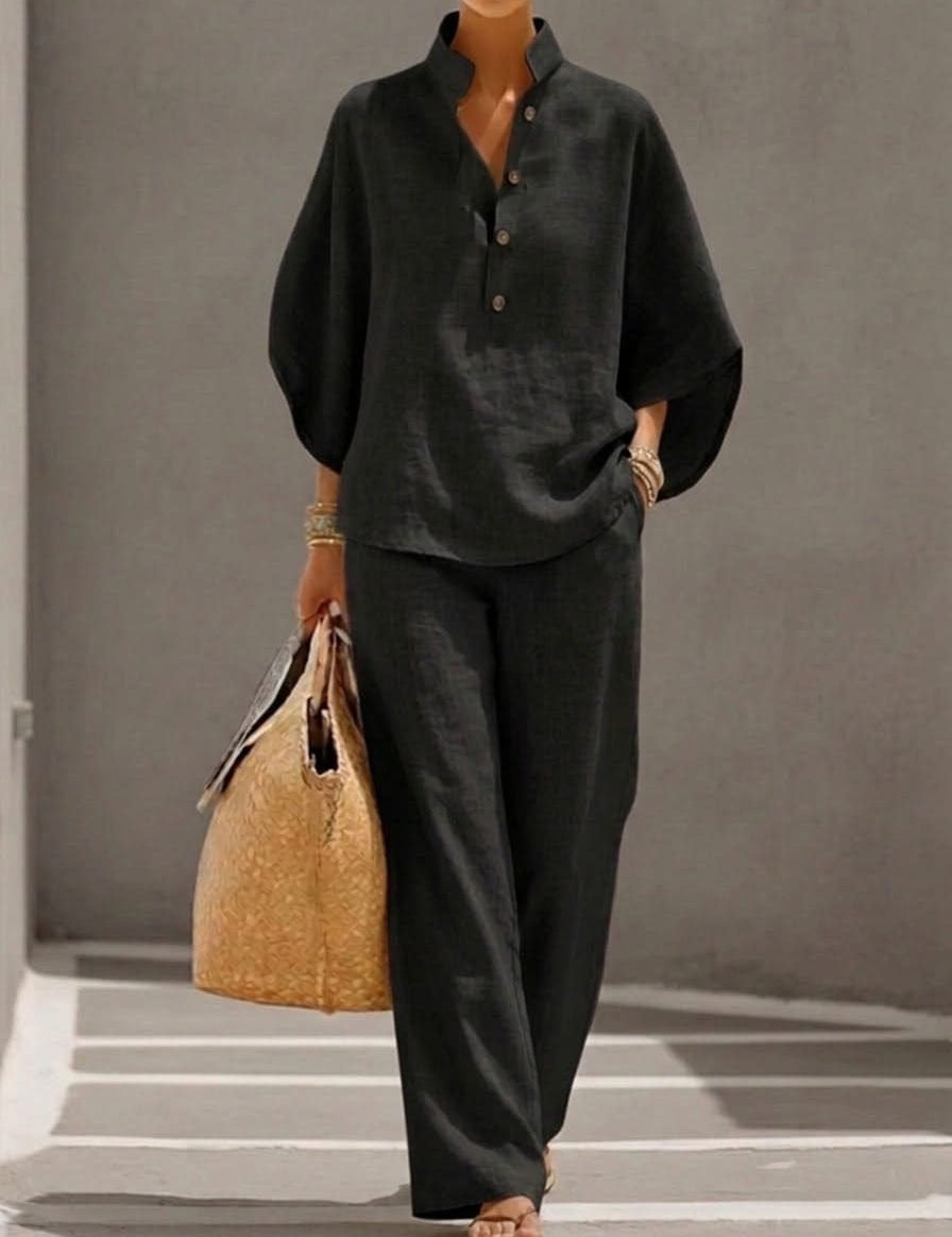 Mariel | Cotton Linen Batwing Sleeve Wide Leg Pants Set
