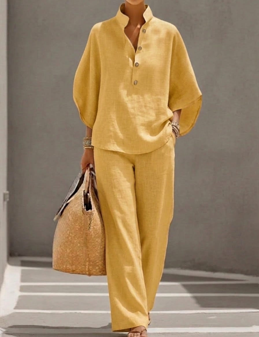 Mariel | Cotton Linen Batwing Sleeve Wide Leg Pants Set